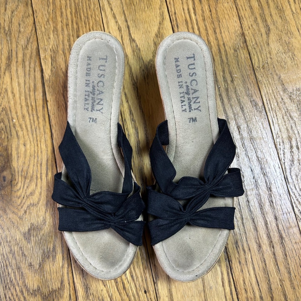 Tuscany by Easy Street Black Wedge Sandals Made in Italy Knotted Slide 7M‎